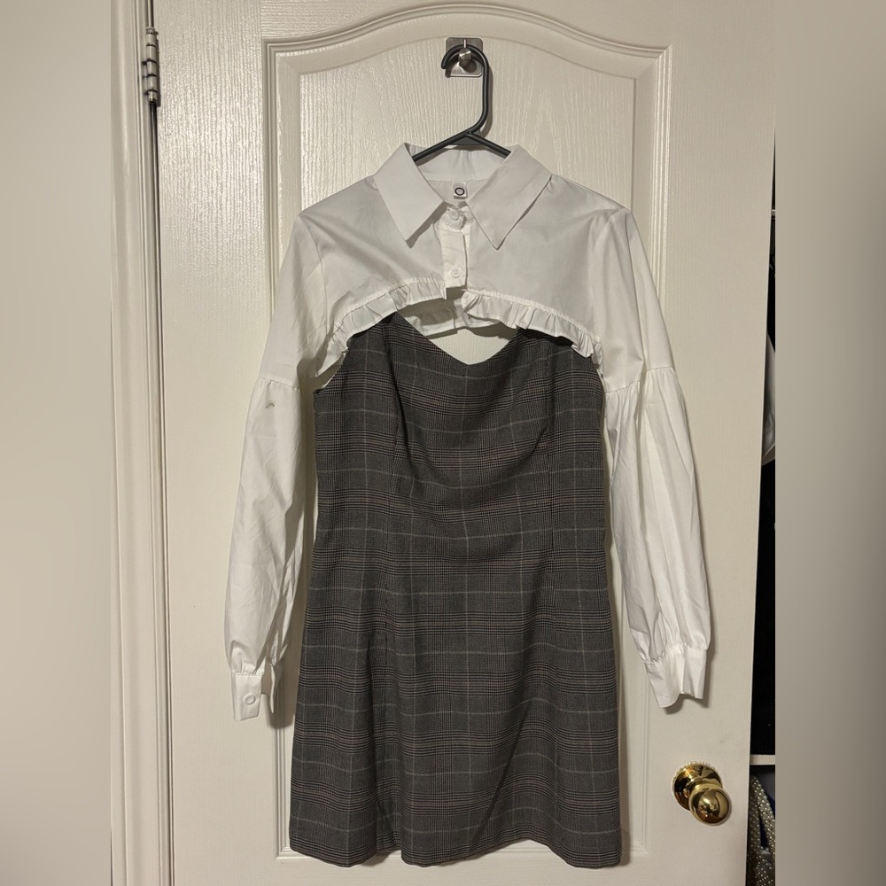 White and Gray Plaid Dress with Ruffle Detail